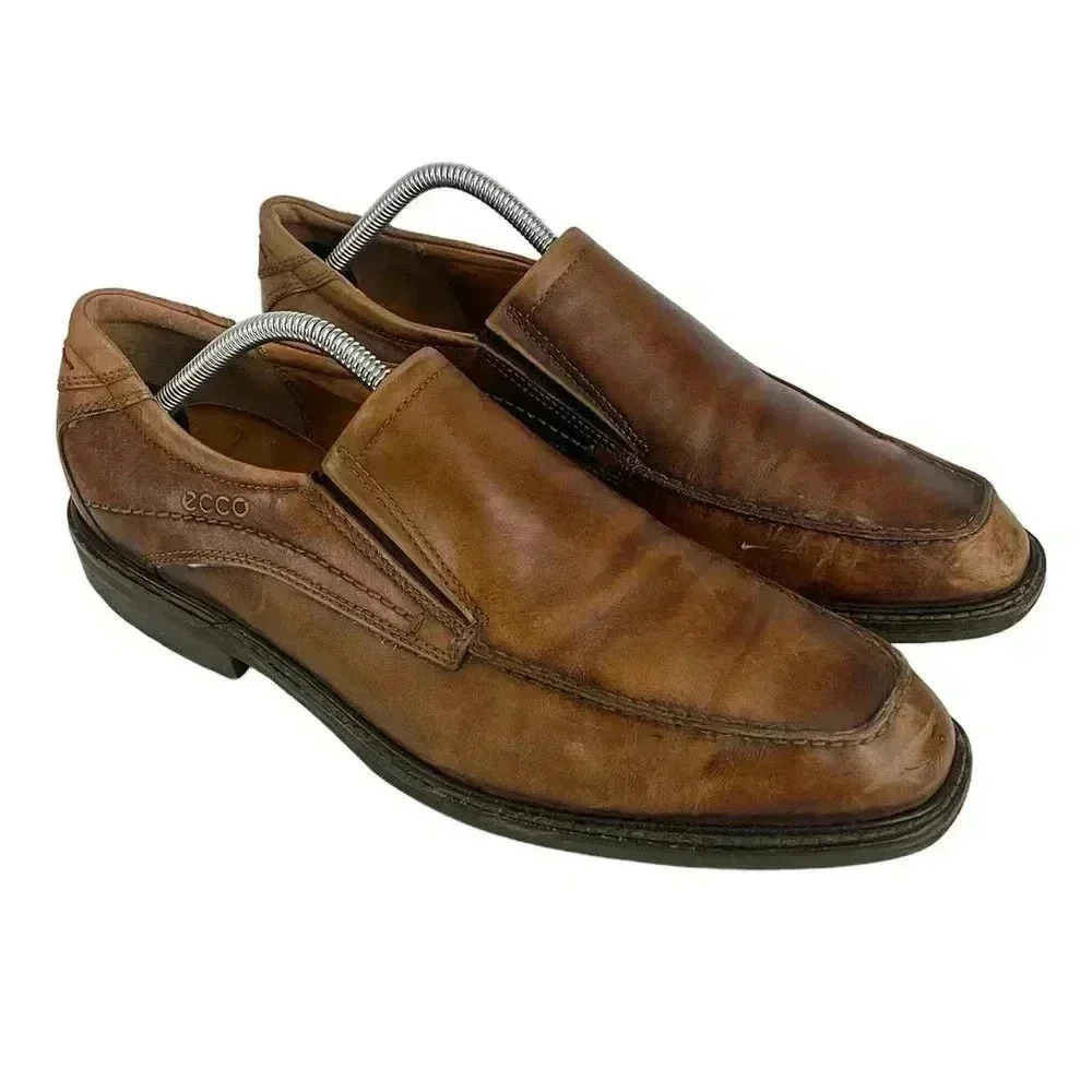 Ecco Brown Leather Slip On Loafers EU43 US 9.5 /10 Cognac Shoes Men's